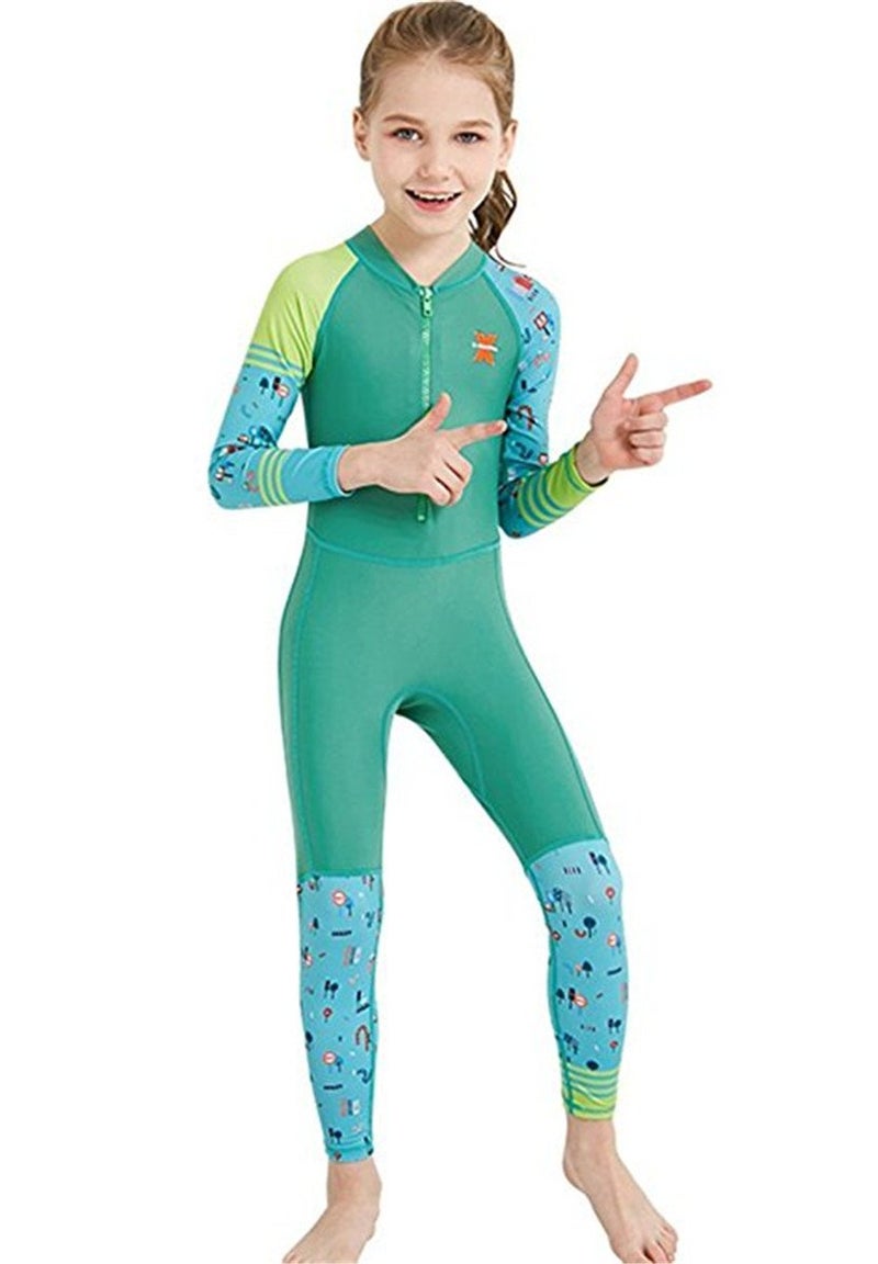 Jeleuon Youth Girls Boys One Piece Water Sports Sun Protection Rash Guard UPF 50+ Long Sleeves Full Suit Swimsuit Wetsuit Swimwear Green - Image 1